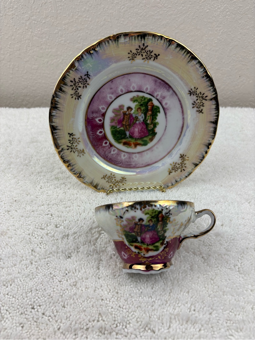 Vintage Royal Japan Lusterware Teacup & Saucer Set Featuring a “Courting Couple”
